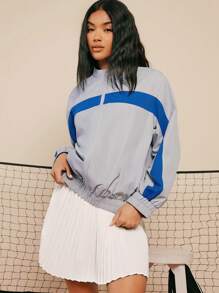 VARSITIE Colorblock Zip Up Drop Shoulder Jacket - Light Grey - View 1