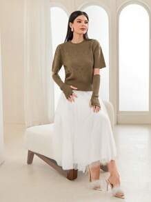 Mulvari 素色紋理質感針織上衣帶袖子 - 橄欖綠 - 查看 3