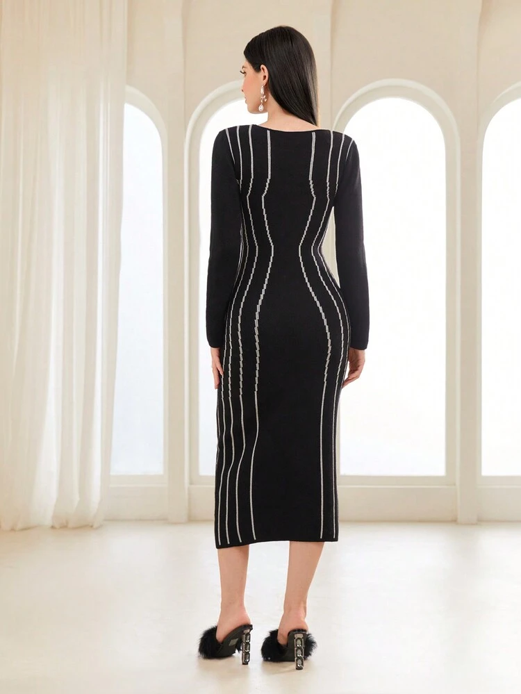 Striped Pattern Bodycon Sweater Dress Fall Cloth For Women
