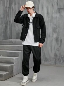 Manfinity Men Flap Pocket Denim Jacket - Black - View 4