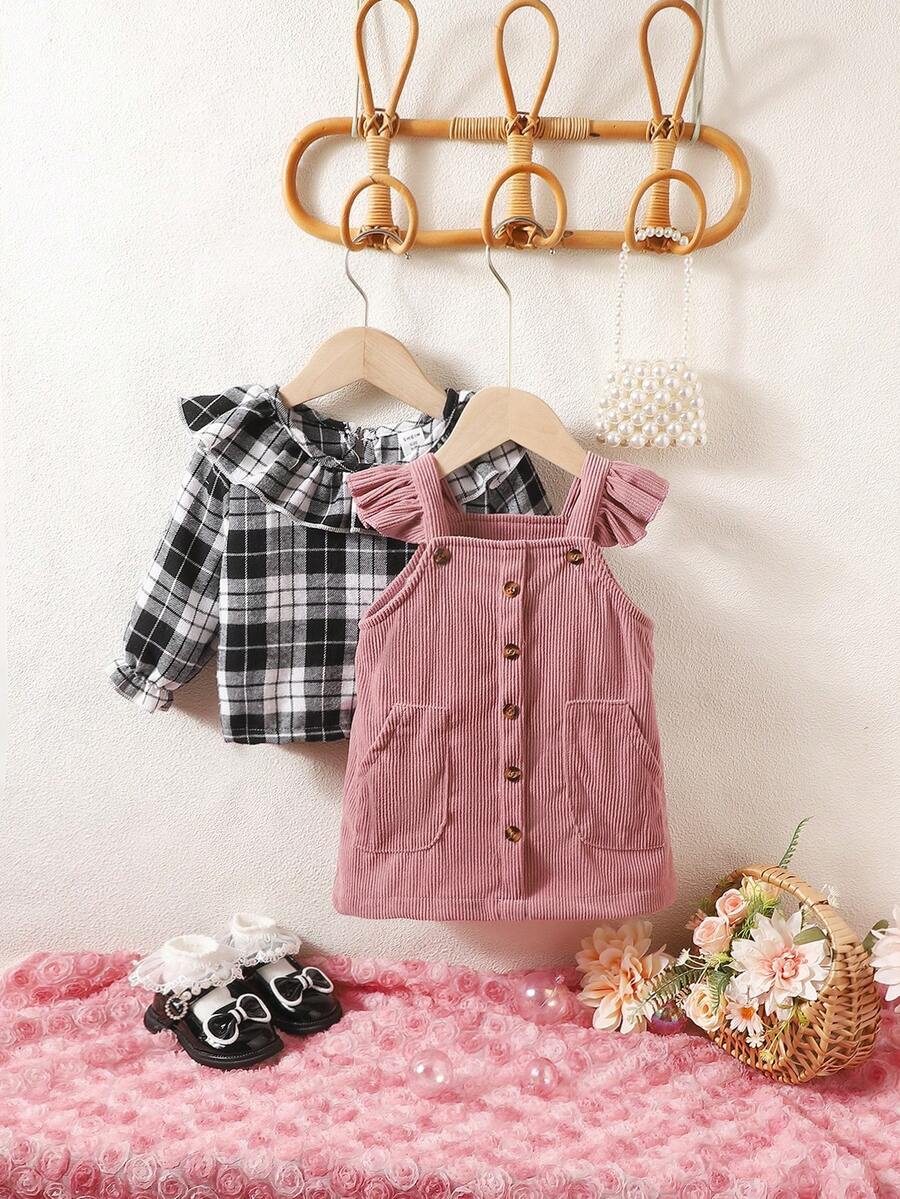 女嬰格紋印花荷葉邊襯衫&背帶洋裝 - 黑與白 - 查看 1