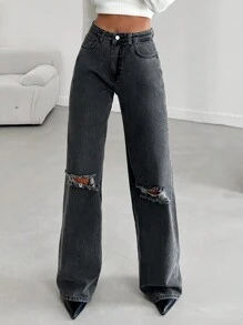 EURMUSE Ripped Wide Leg Jeans - Dark Grey - View 4