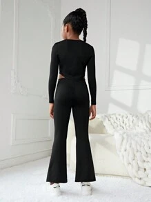 SHEIN 女大童素色T恤&喇叭褲 - 黑色 - 查看 2