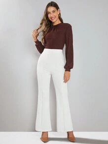 SHEIN Clasi 扭結小高領燈籠袖T恤 - 棕色 - 查看 3