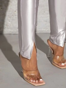 SHEIN SXY Solid Metallic silver Leggings New years eve outfit 
Party outfit 
Sexy outfit
sexy outfits club - Silver - View 5