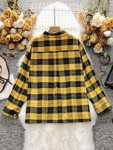 SHEIN CURVE+ 大碼格紋印花前紐扣襯衫 - 黃色 - 查看 2