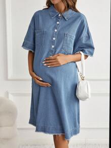 SHEIN Maternity Half Button Dual Pocket Raw Hem Denim Dress - Medium Wash - View 5