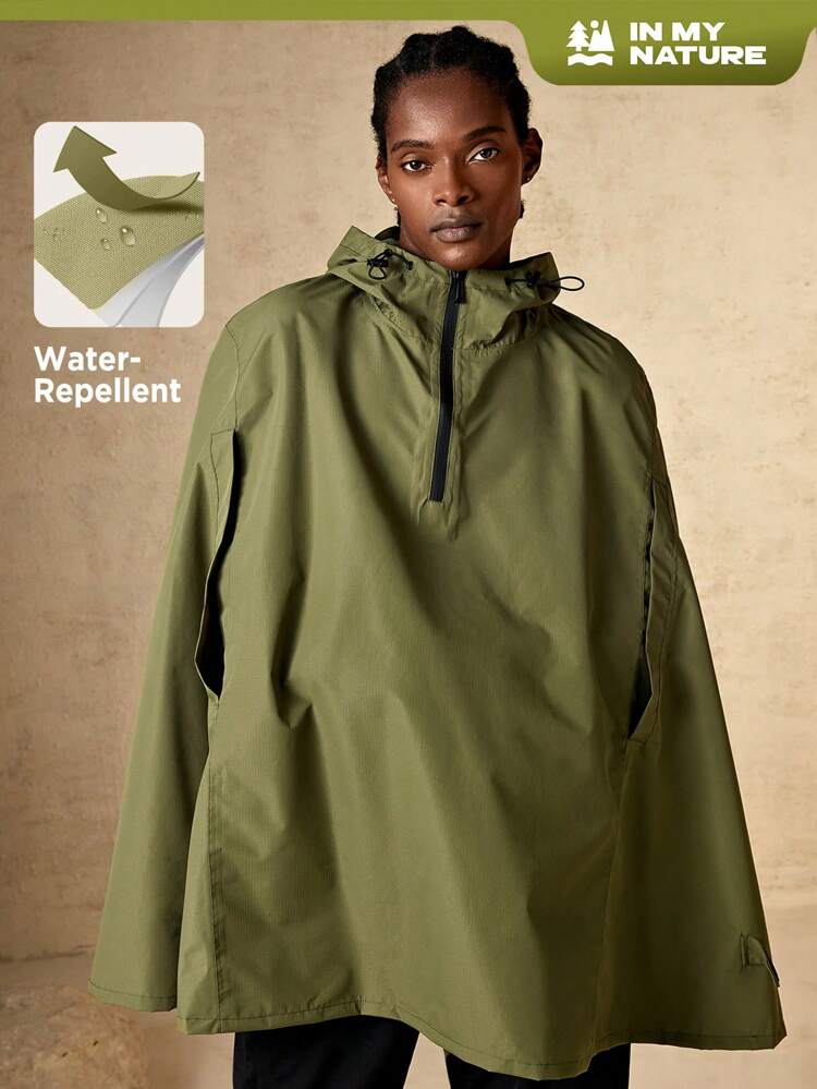 Men Zip Half Placket Hooded Cape Rain Jacket