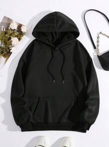 SHEIN EZwear 標語圖案袋鼠口袋抽繩加絨內裏連帽衫 - 黑色 - 查看 2