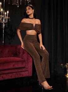 Zolique Off Shoulder Crop Glitter Top - Brown - View 6
