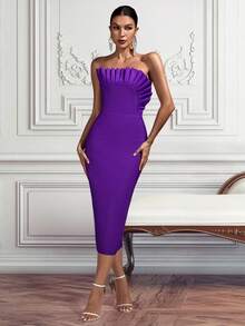 Purple Pleated Strapless Split Bodycon Cocktail Dress - Purple - View 5