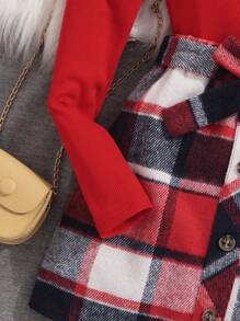 SHEIN 女大童高領羊腿袖T恤&格紋印花腰帶半身裙&帽適用於聖誕 - 紅色 - 查看 5