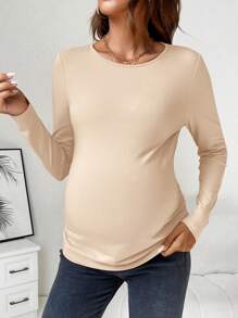 SHEIN Maternity Solid Ruched Side Tee - Apricot - View 3