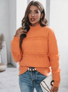 SHEIN LUNE 小高領落肩袖毛邊套頭毛衣 - 橘色 - 查看 3