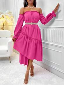VaVaBold Off Shoulder Ruffle Hem Dress Without Belt - Hot Pink - View 6