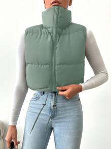 SHEIN Cottnline Drawstring Hem Zipper Vest Puffer Coat - Mint Green - View 3