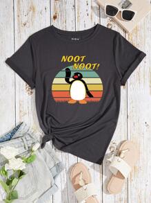 Plus Cartoon And Letter Graphic Tee - Dark Grey - View 1