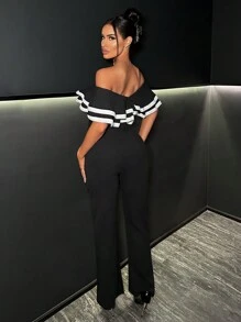 SHEIN SXY Off Shoulder Contrast Piping Ruffle Trim Jumpsuit - Black - View 2