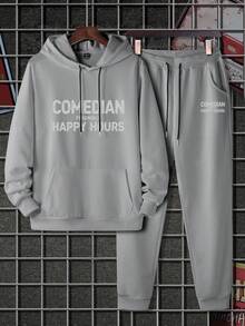 Manfinity Homme 男士字母圖案抽繩連帽衫和運動褲 - 淺灰色 - 查看 6