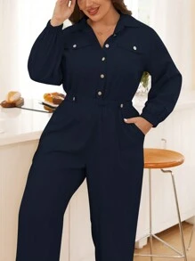 SHEIN Essnce Plus Flap Detail Elastic Waist Shirt Jumpsuit - Navy Blue - View 5
