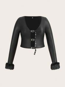 SHEIN ICON 大碼毛絨袖扣正面 PU 皮革短款上衣 - 黑色 - 查看 1