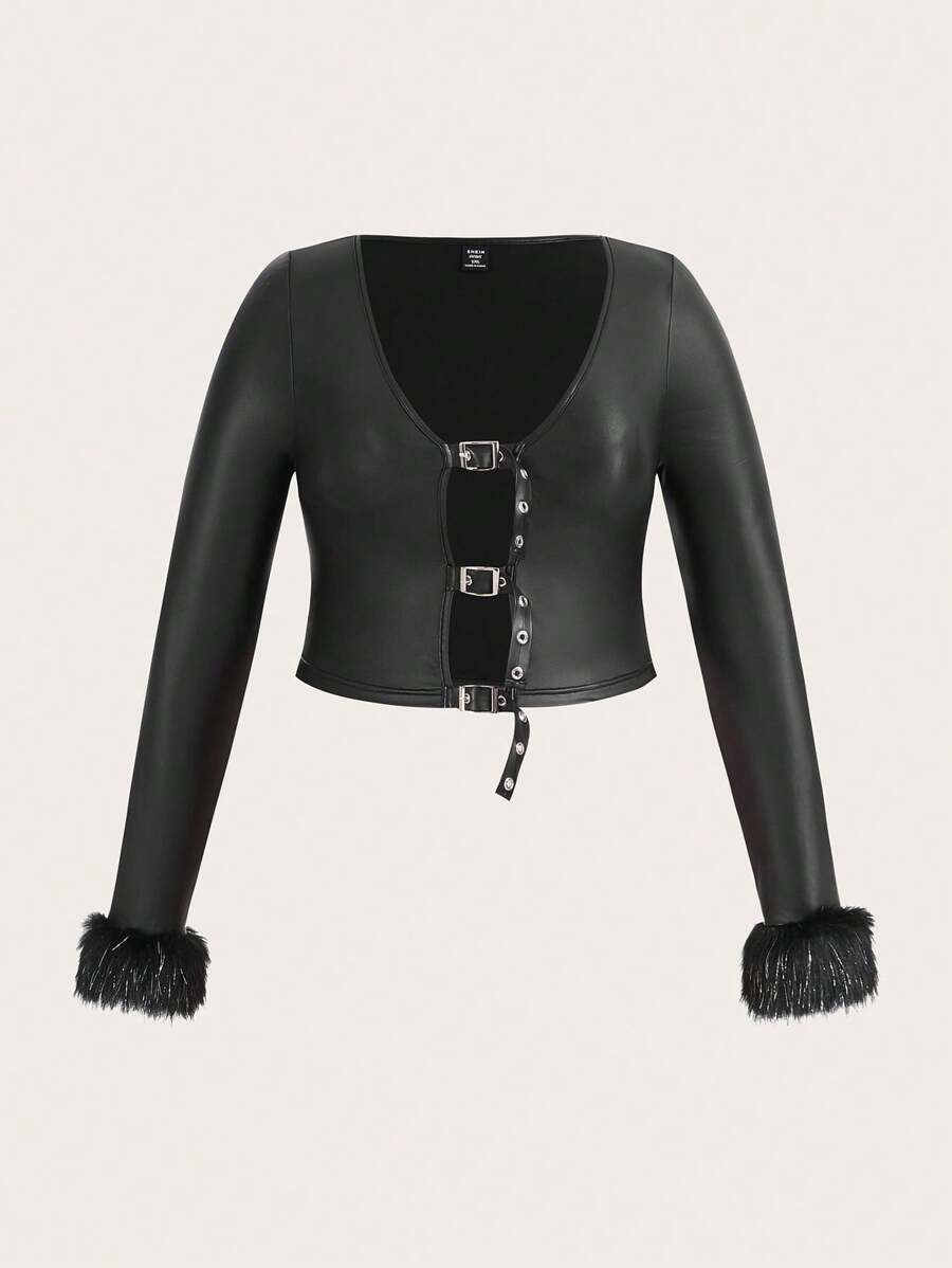SHEIN ICON 大碼毛絨袖扣正面 PU 皮革短款上衣 - 黑色 - 查看 1
