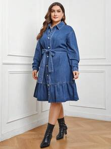 SHEIN LUNE Hơn Nút phía trước Xù Hoa Sen Thắt lưng Đầm Denim - Rửa trung bình - Xem 4