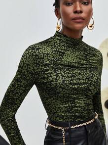 Maija Mock Neck Leopard Print Ruched Front Tee - Multicolor - View 8