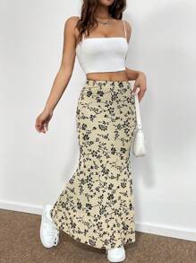 SHEIN EZwear 波西米亞全身印花 花卉印花女士半身裙 - 杏色 - 查看 6