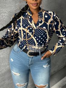 Slaydiva Plus Size Women's Long Sleeve Metal Chain Pattern V-Neck Regular Blouse, Suitable For Daily, Elegant Commute, Mother's Day, Blue - Blue - View 2