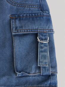 SHEIN 少女款牛仔裙，適合夏季，時尚優雅的日常穿著 - 深色水洗藍 - 查看 3