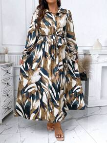 Celure Plus Allover Print Belted Shirt Dress - Yellow - View 3