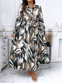 Celure Plus Allover Print Belted Shirt Dress Women Outfit Fall Cloth For Women