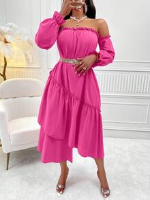 VaVaBold Off Shoulder Ruffle Hem Dress Without Belt - Hot Pink - View 5