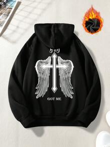 Manfinity EMRG 男士大码翅膀和交叉圖案抽繩加絨內裏連帽衫 - 黑色 - 查看 1