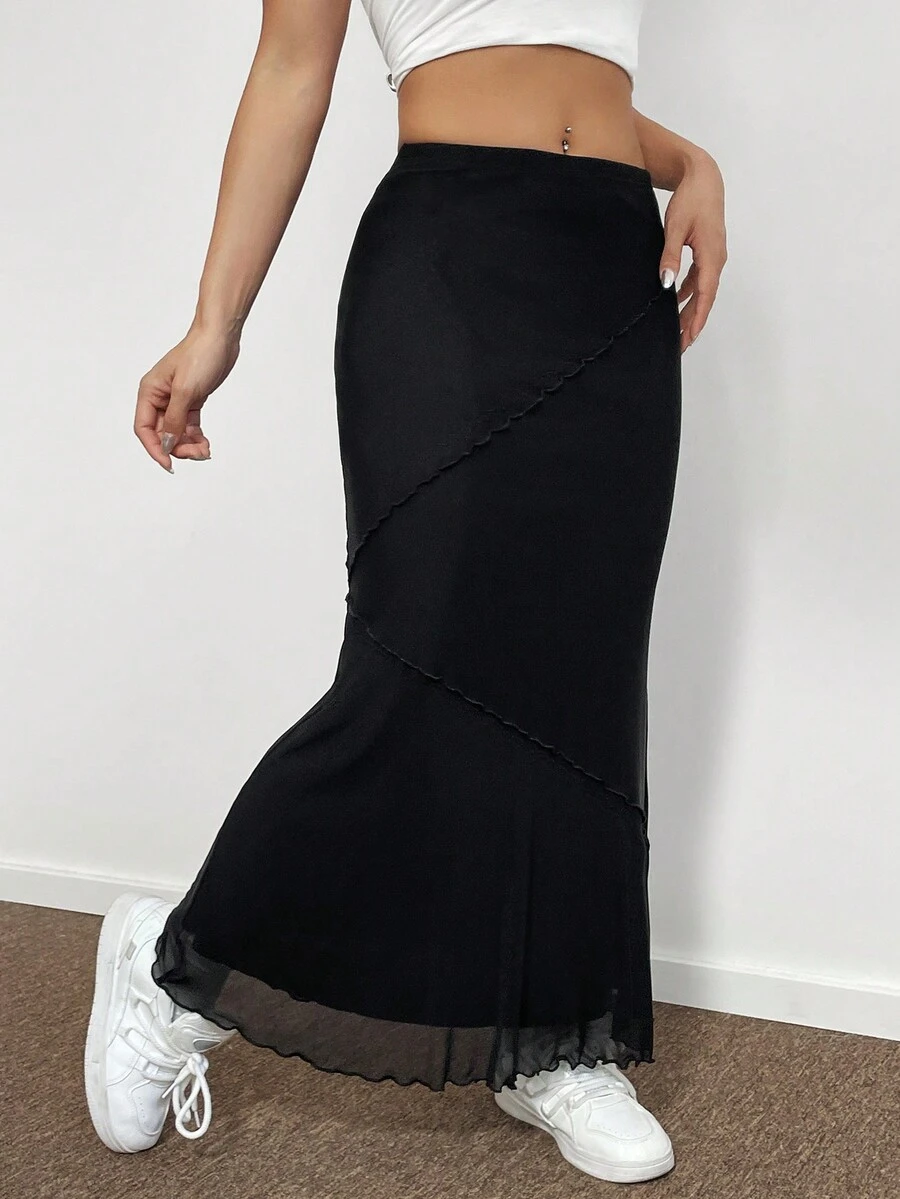 SHEIN EZwear Chất rắn Ren Mộc nhĩ Nàng tiên cá Hem Lưới Váy - màu đen - Xem 1