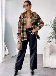 SHEIN Essnce 格紋印花落肩袖翻蓋口袋外套 - 卡其色 - 查看 6