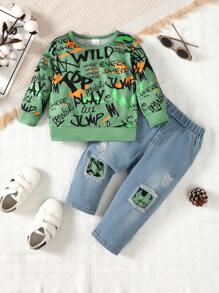 男嬰字母圖案運動衫&破洞補丁貼牛仔褲 - 綠色 - 查看 1