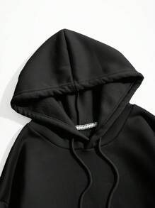 SHEIN EZwear Điều khiển tay cầm & Đồ họa Chữ cái Túi kangaroo Dây rút Lót nhiệt Hoodie - màu đen - Xem 4