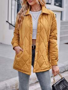 SHEIN Essnce 落肩纽扣前绗缝棉服外套冬季 - 黃色 - 查看 6