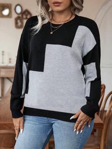 SHEIN LUNE Plus Color Block Drop Shoulder Sweater - Black - View 3