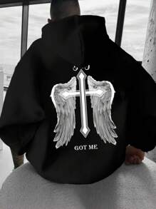 Manfinity EMRG 男士大码翅膀和交叉圖案抽繩加絨內裏連帽衫 - 黑色 - 查看 3