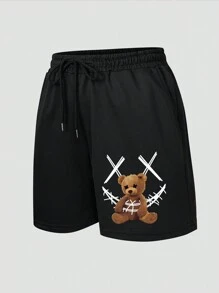 Manfinity Dauomo Nam Đồ họa hoạt hình gấu Eo dây rút Quần short - màu đen - Xem 3