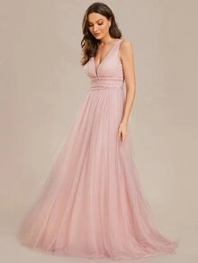 EVERPRETTY Lá sen tỉa Thêm dài Lưới Váy dự tiệc - Hồng - Xem 5