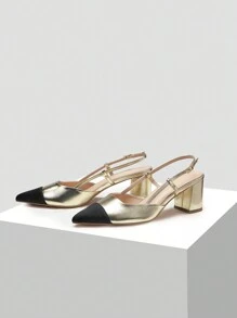 MOTF PREMIUM METALLIC SLINGBACK BLOCK HEELS VACATION SHOES, SUMMER SALE, FOR HALLOWEEN