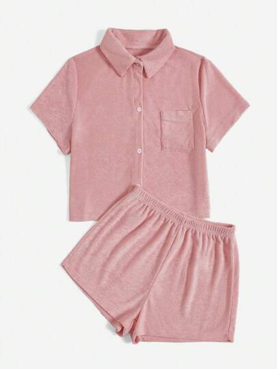 Kawaii Solid Button Front Pocket Patched PJ Set