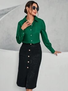 SHEIN Privé 素色百褶細節前紐扣襯衫 - 墨綠色 - 查看 4