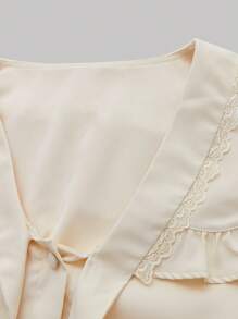 SHEIN MOD 素色荷葉邊前繫帶襯衫 - 杏色 - 查看 4