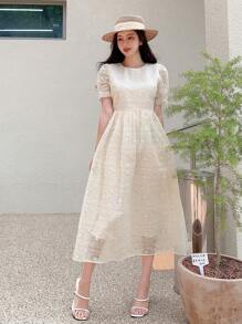 DAZY 素色泡泡袖蕾絲覆蓋連衣裙 - 米色 - 查看 8