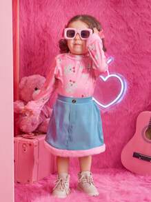 Baby Girl Floral Print Tee & Contrast Fuzzy Trim Skirt - Multicolor - View 4